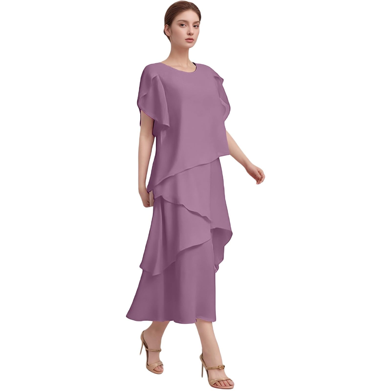 Générique Robe de Cocktail élégante et Fluide en Mousseline de Soie à Volants et Manches 3/4 pour Femme, col Rond, Volants