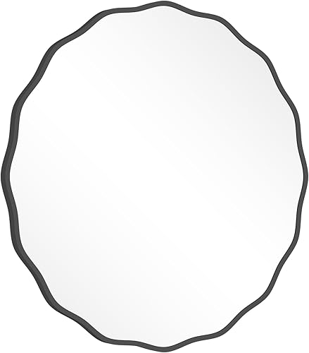 Miniatura 64 de Espejo redondo decorativo para pared de 28 pulgadas, moderno espejo ondulado dorado con marco de madera, espejo de pared circular para baño