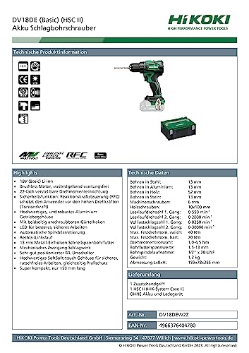 HIKOKI Akku Schlagbohrschrauber DV18DEW2Z, 13mm Metall-Schnellspannbohrfutter (18V, Max. Festdrehmom. hart: 70 Nm, Brushless, im Karton, Zubehör: im HSCII Koffer, ohne Akku und Ladegerät) – Bild 3