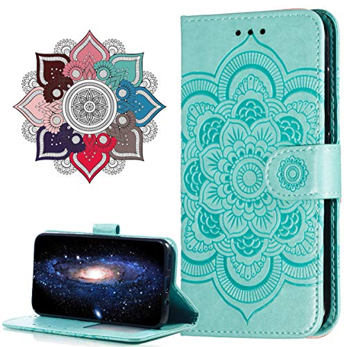 MRSTER Funda para iPhone 11, Estampado Mandala Libro de Cuero Billetera Carcasa, PU Leather Flip Folio Case Compatible con Apple iPhone 11 6.1' (2019). LD Mandala Green