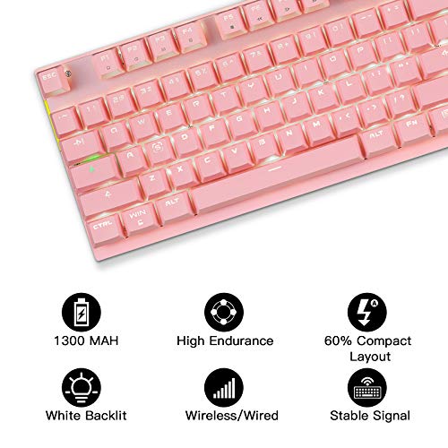 Motospeed 2.4Ghz Wireless/Wired Mechanical Gaming Keyboard White Backlit/Durable Battery,Type-C Gaming/Typist Keyboard For Mac/Pc/Laptop(Pink, 87 Key Red Switches) #TOP4