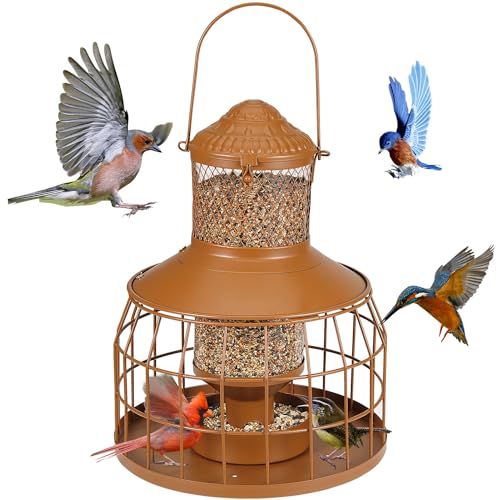 Squirrel Proof Bird Feeders, Metal Wild Bird Feeders for Outdoors Hanging, 3.5LB Heavy Duty Caged Squirrel Proof Bird Feeders, Chew-Proof, Weather Resistant, Patio Backyard Garden Decor