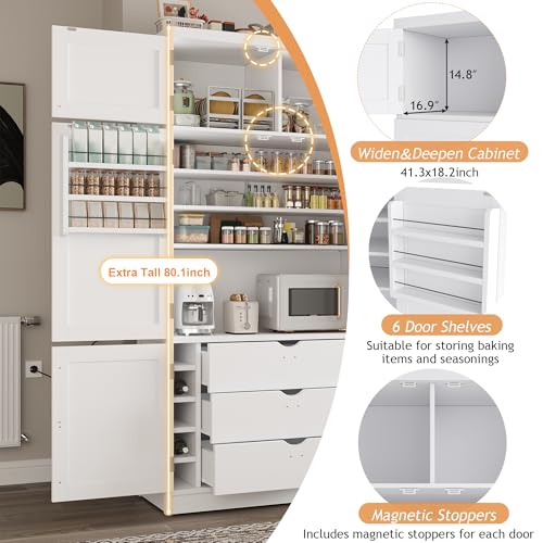 Image of Ball & Cast 80″Tall Freestanding Kitchen Pantry Cabinet with 2 Power Outlets & 3 Large Drawers,41 inch W Versatile Farmhouse Pantry Storage Cabinet w /Adjustable Shelves and Door Shelves,for Kitchen