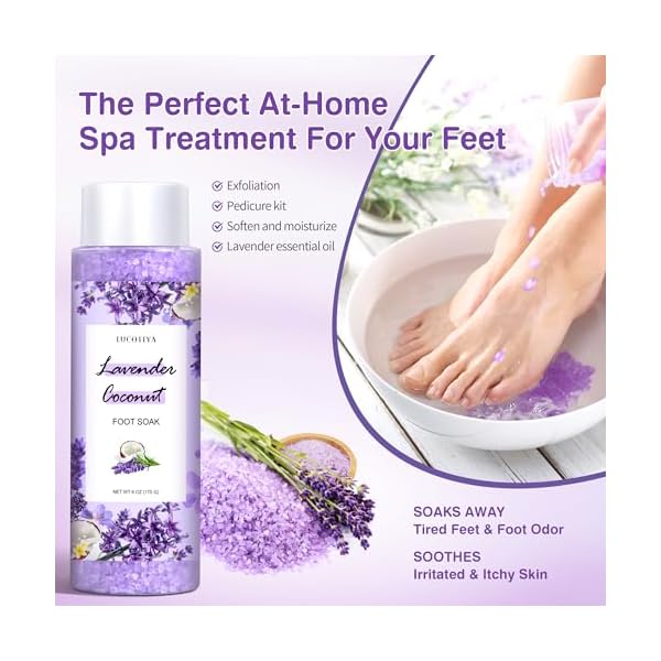 Lavender Foot Soak Set - Salts, Foot File, Scrub & Urea Cream Pedicure Supplies for Dry, Cracked Feet - Women's Spa Kit