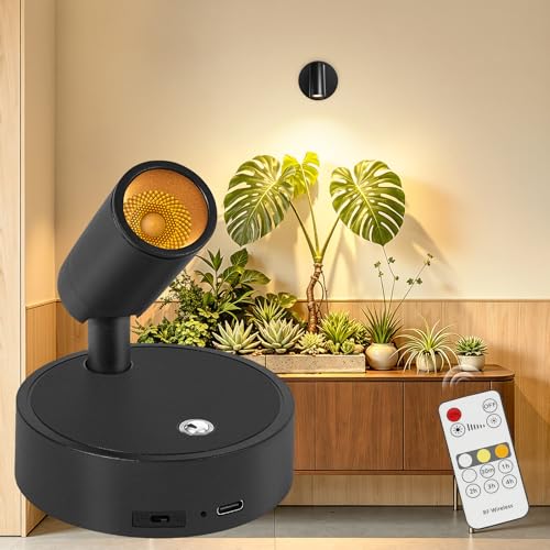 Dehobo Aplique Pared Interior Regulable, Lampara Pared sin Cable con Control Remoto   3 Modos de Luz Foco LED con Ajuste de Brillo Ajuste Ángulo 350° para Plantas, Pintura y Obras de Arte, 1 Unidad