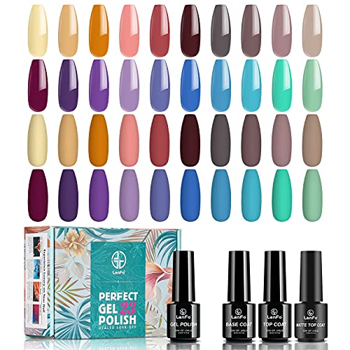 LanFo 23 Pcs Gel Nail Polish Set with No Wipe Glossy Top Coat Matte Top Coat Base Coat, Orange Blue Purple Colors Gel Polish Set for Autumn Thanksgiving Day Nail Gel Polish UV LED Soak Off DIY Nail Art Manicure at Home