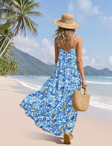 Image of YESNO Summer Bohemian Floral Dresses for Women Spaghetti Straps Maxi Dress Casual Flowy Dresses with Pockets ES0