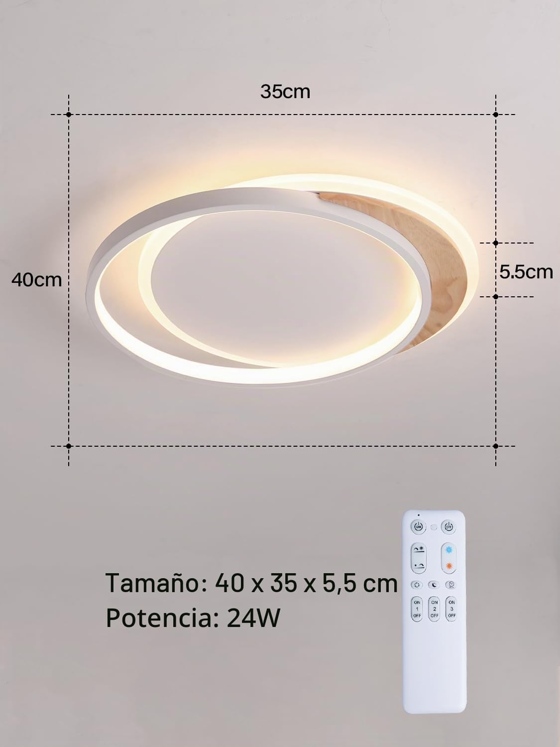 FANLG Lampara techo dormitorio, Madera Plafon led techo 40cm Lampara led techo Regulable 3000K-6000K, 24W Lámparas de Techo Moderna para Dormitorio, Sala de Estar, Balcón, Pasillo, Cocina
