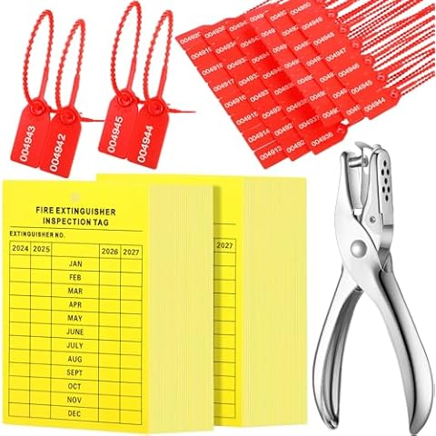 Chunful 101 Pieces Monthly Fire Extinguisher Inspection Tags 2024 to 2027 Maintenance Tags and Plastic Tamper Seals Numbered Security Tags with Handheld Hole Puncher(Yellow) Cover