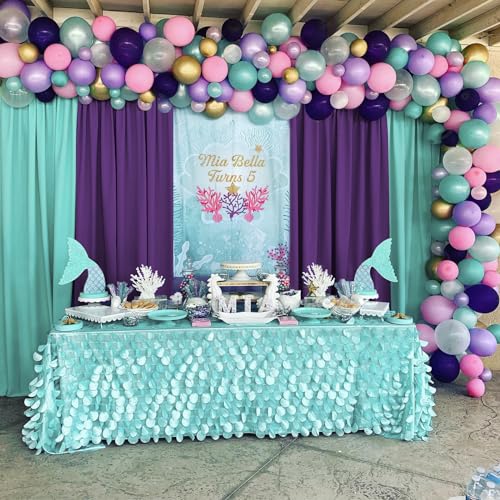 Image of Turquoise Polyester Backdrop Curtains 10ft x 8ft Photography Backdrop Drapes for Birthday Mermaid Party Decorations