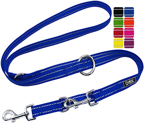 DDOXX Correa Perro Multiposición Nylon Reflectante, Ajustable en 3 tamaños, 2 m | Muchos Colores & Tamaños | para Perros Pequeño, Mediano y Grande | Correa Doble 2 Gato Cachorro | XS, Azul, 2m