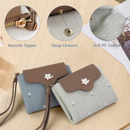 Small Wristlet Wallets for Women, Soft PU Leather Womens Credit Card Wallet Cute Flowers Small Zipper Wallet with Wrist Strap Coin Purse for Dating Traveling (Gray)4