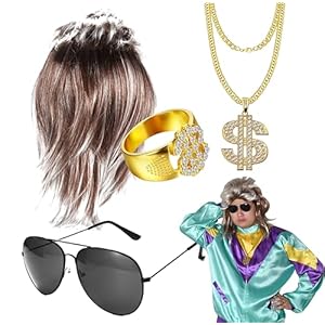 Juego de Salmonetes 4en 1 Tiene Peluca Assi, Cadena de Oro, Gafas negras. Disfraz para Carnaval y también para Disfraz de los 80 y 90