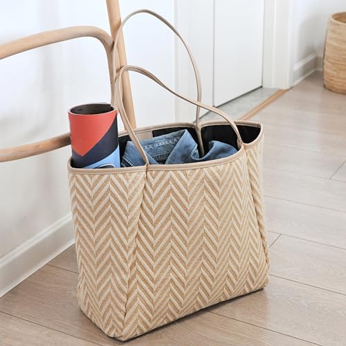 Image of HOXIS Oversized Beach Tote with Vegan Leather Trim Women Shoulder Handbag