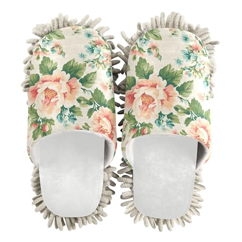Burbuja Vintage Floral Mop Slippers Microfiber Cleaning Slippers Washable Cleaning Dust Slippers for Women Men Home Kitchen, Free Your Hands, 5-82