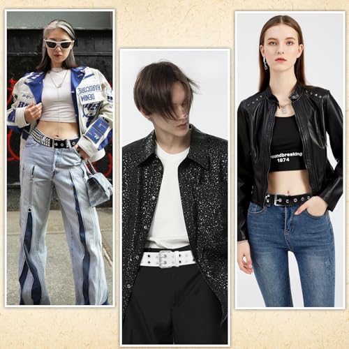 3 Pcs Black White Star Belt Studded Punk Rock Belt with Grommet Threads Bright Metal Pyramid Gothic Belts for Women Men2