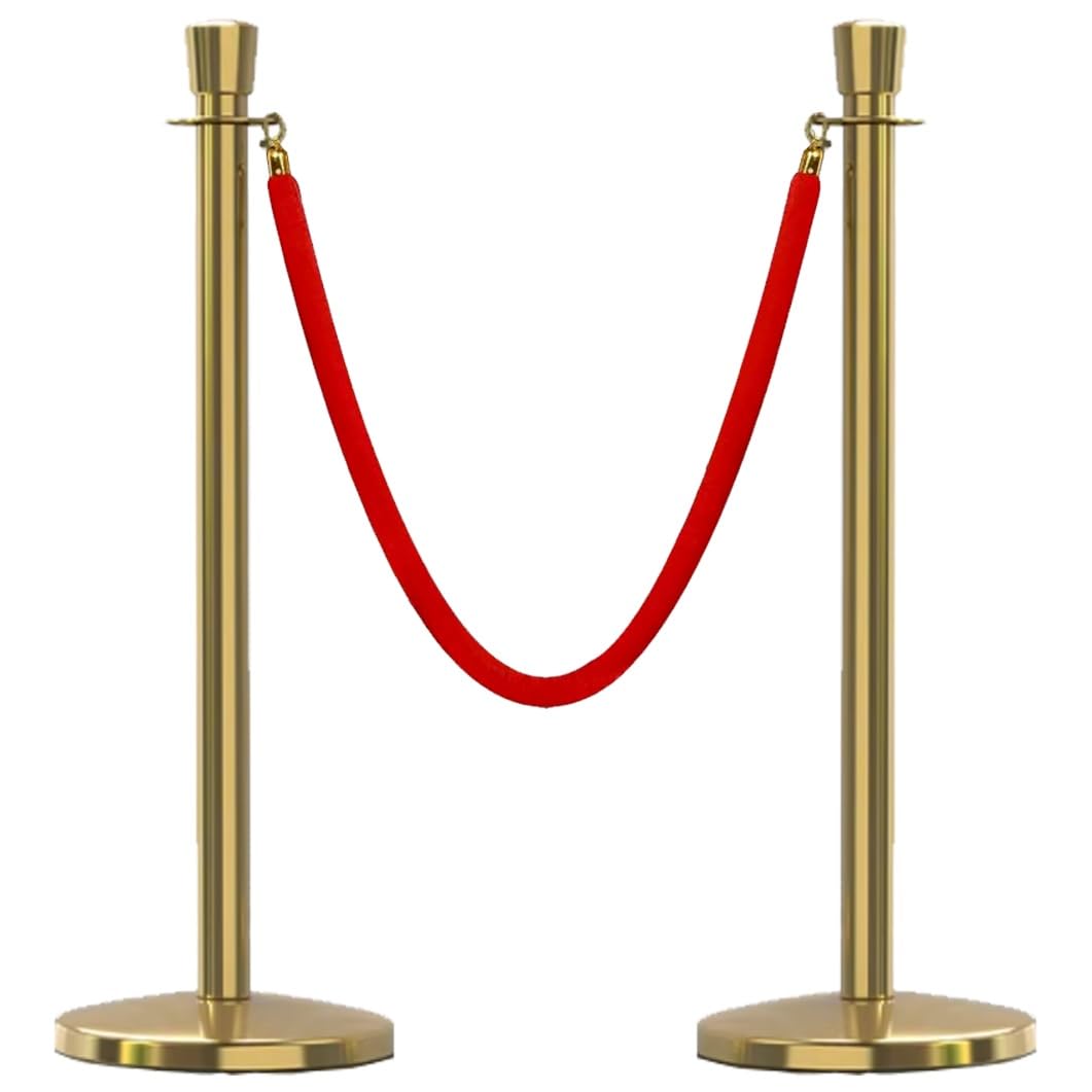Aioneer Stainless Steel Stanchion Post With Velvet Ropes, Crowd Control Barriers For Events, Safety Barriers For Theaters, Museums, And Weddings-Gold-2 Pack