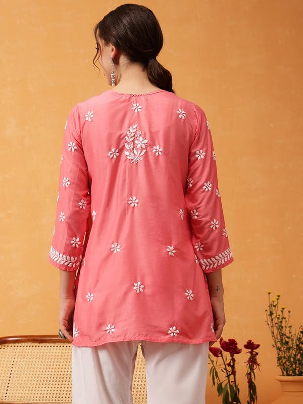 Image of Ada Hand Embroidered Lucknowi Chikankari Muslin Top for Women A911420 | Lucknowi Short Kurta Kurti Tunic Casual Wear Ethnic Wear Chikan Work Straight handcrafted top Kurti for Office