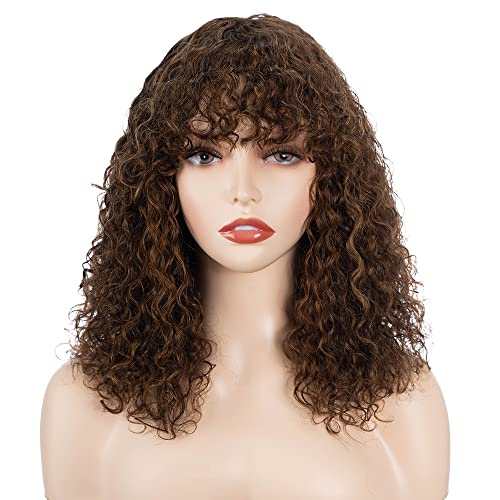 Short Curly Human-Hair Wigs with Bangs 14 Inch Jerry Curl Bob Wigs Human Hair Brazilian Virgin Human Hair None Lace Front Wigs for Black Women Machine Made Black Wigs