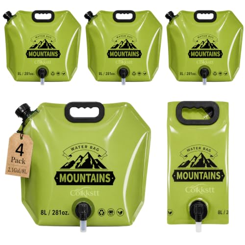 Contenedor de Agua Plegable - Cantimplora de 8L/2 Galones para Camping, Bolsa de Almacenamiento de Agua Plegable a Prueba de Fugas, Contenedor Portátil con Pico, Tanque de Emergencia para Senderismo (Paquete de 4, Verde)