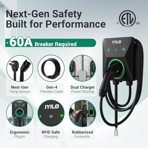 Image of Upgraded Version Level 2 EV Charger, 48Amp /11.5KW, Hardwired, 240V | UL 2594, ETL, Energy Star, with Temp Sensors, Power Sharing, Dynamic Load Balancing, Smart APP, RFID Cards, IP66 Outdoor