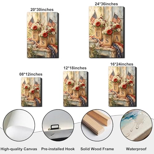 Image of Patriotic Wall Art Canvas Prints Pictures, 4th of July Americana Artwork Rustic USA Flag Floral Decor Independence Day Decorations for Home, Farmhouse Wall Decor for Living Room Bedroom Office