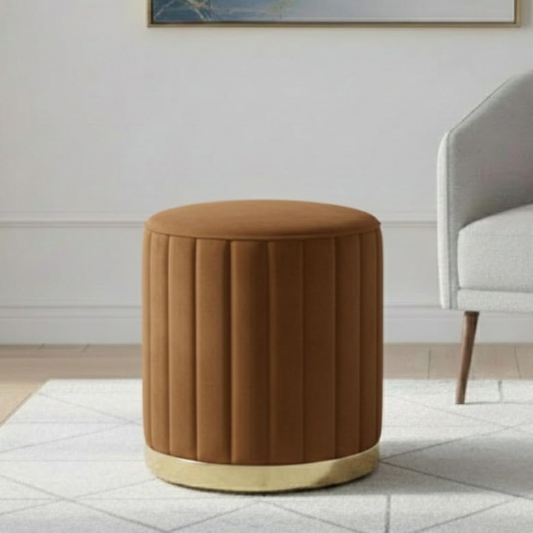 Round Ottoman pouffes and Wooden Velvet Puffy Stool Seats with footrests for Living Room Furniture and Interior Design Brown-image-7