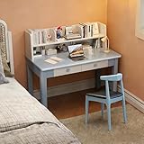 FUKEFUZ Juego de Escritorio y Silla de Madera Maciza con Estantería, Mesa de Estudio con Silla Tapizada a Juego, Muebles de Dormitorio con Cajones para Adolescentes(Blue,39.4in)
