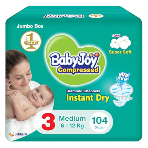 Babyjoy Compressed Diamond Pad Size 3 Medium 6-12 Kg Jumbo Box 104 Diapers