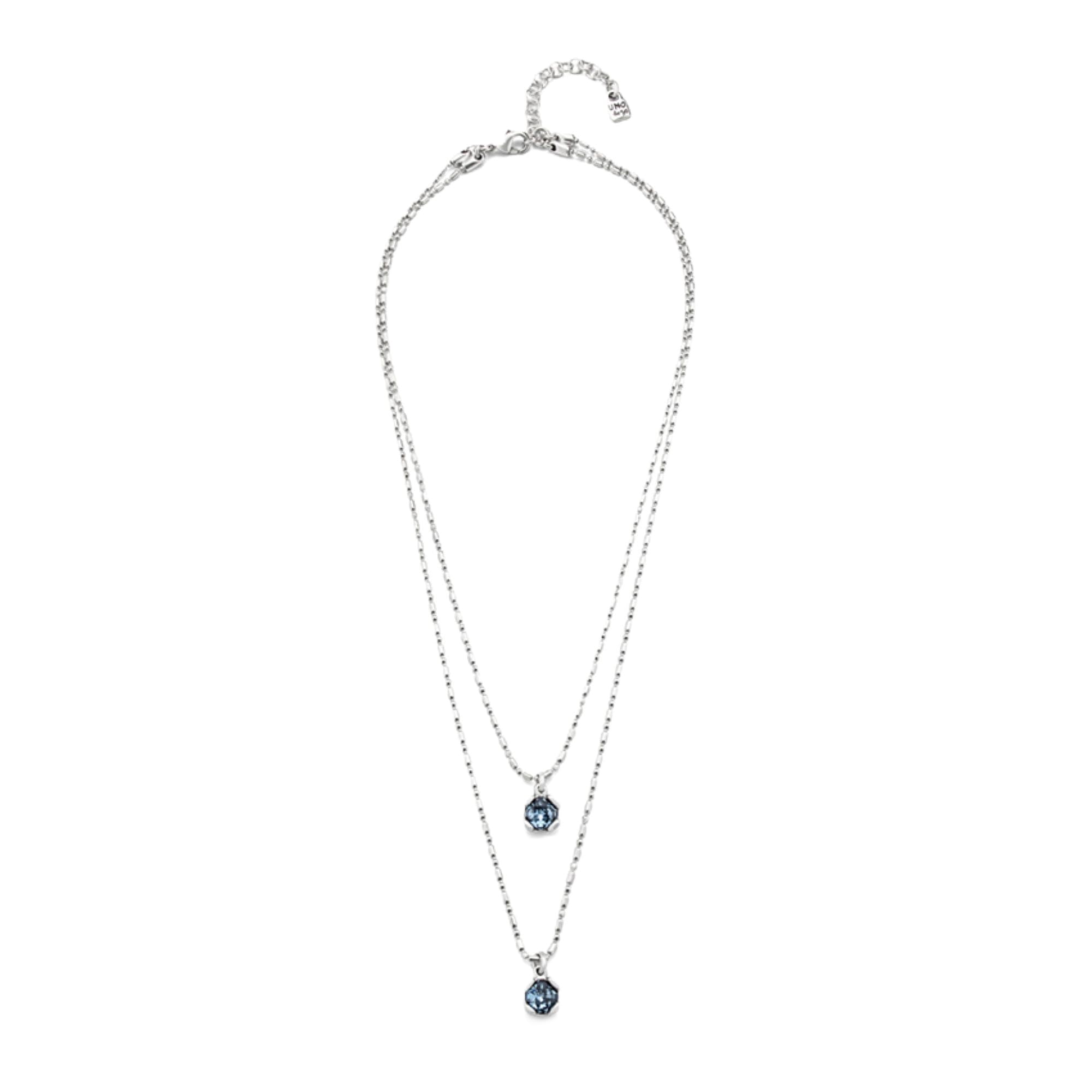 Uno de 50 | Collar | Bañado En Plata De Ley | Doble Cadena | Cristales Facetados Centrales Azules | Joya Artesanal | Hecho en España