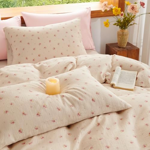Lanqinglv Musselin Bettwäsche 200x220 Baumwolle Beige Blumen,Leinenoptik – Ansicht 4