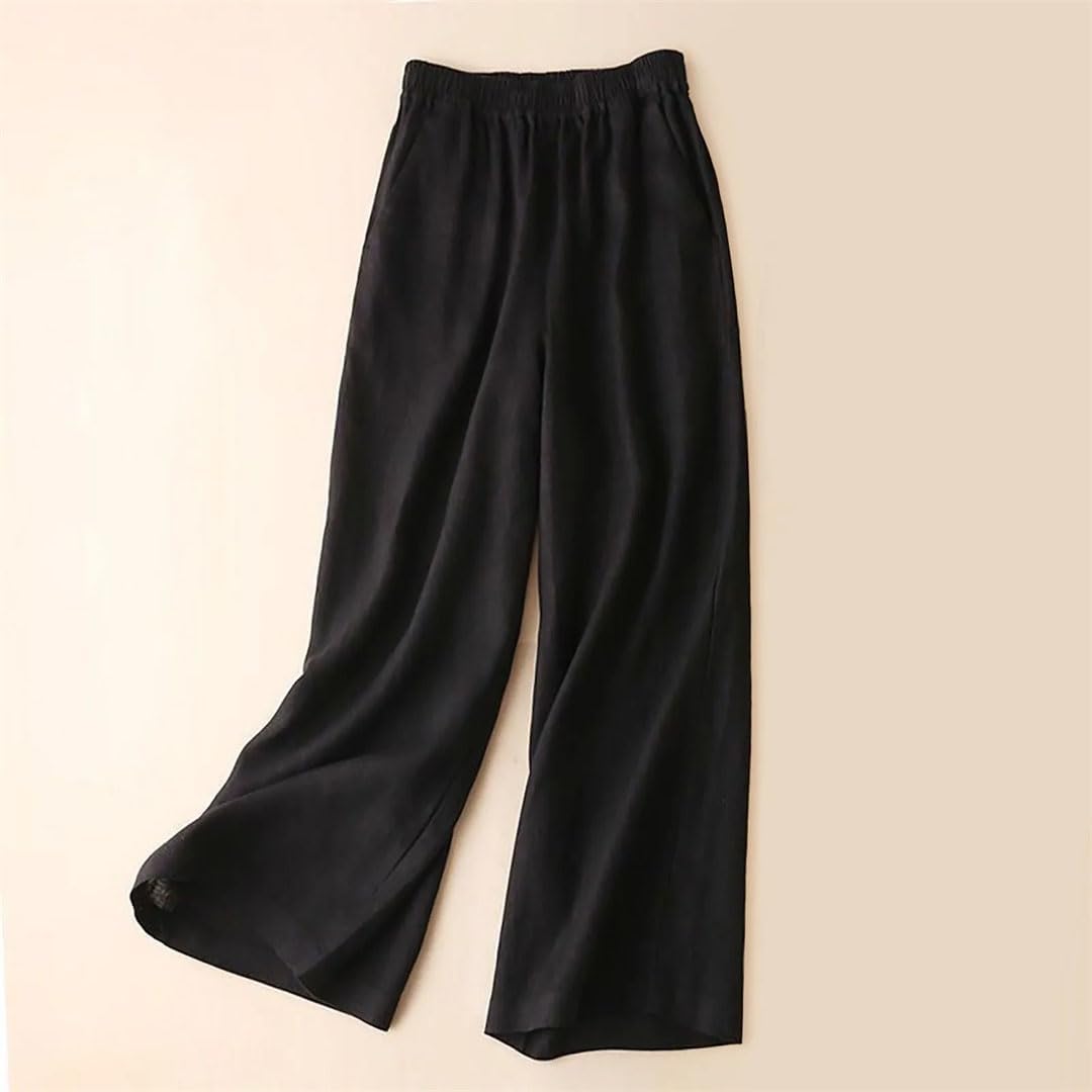 Women Spring Summer Wide Leg Elastic Waist Linen Comfortable Soft Loose Trousers