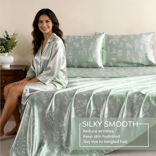 Image of MR&HM Satin Bed Sheets with Elastic Corner Straps, Full Size Sheets Set, 4 Pcs Silky Bedding Set with 15 Inches Deep Pocket for Mattress (Full, Floral Sage)