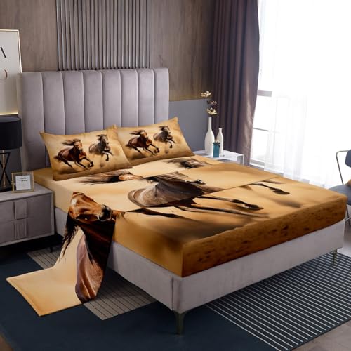 Set di lenzuola per cavallo matrimoniale con cavallo al galoppo, set di biancheria da letto adolescenti, camera da letto, animali selvatici, cavalli, lenzuola in stile fauna selvatica, con 2 federe
