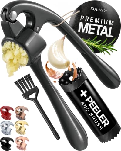 Image of Zulay Kitchen Premium Garlic Press Set - Rust Proof Professional Garlic Mincer Tool - Easy-Squeeze, Easy-Clean with Soft, Ergonomic Handle - Silicone Garlic Peeler & Brush-Dark Gray