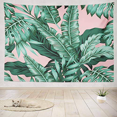 Asoco Tapestry Wall Hanging Tropical Green Leaves Pink Exotic Leaf Tropic Banana Palm