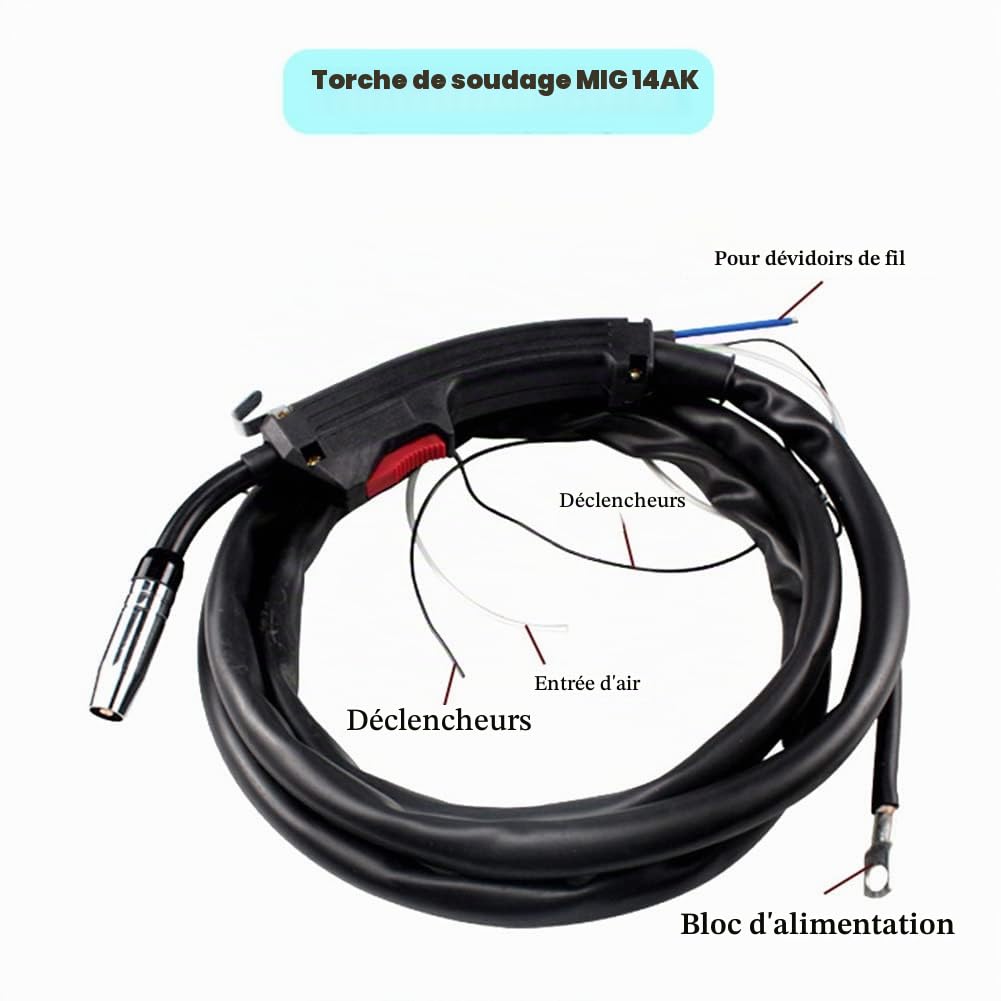 Torche de soudage MIG 14AK, torche de soudage MIG de protection contre les gaz MB14 CO2 2 mètres pièces de pistolet de soudage adaptées au courant 160A ~ 200A