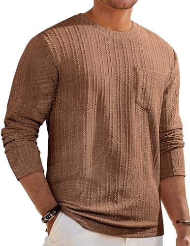 JMIERR Long Sleeve Vocation Shirts for Men Casual Crewneck Pullover T-Shirt Spring Summer Fashion Stretch Textured Knit Tee with Pocket, L, Brown