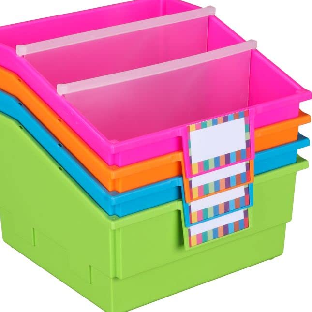 Image of Really Good Stuff Neon Picture Book Classroom Library Bins, 4 Pack | 13.5 inch x 13.5 inch x 7.75, Large Plastic Bin Organizers for Book Organization, Documents, Files, Magazines