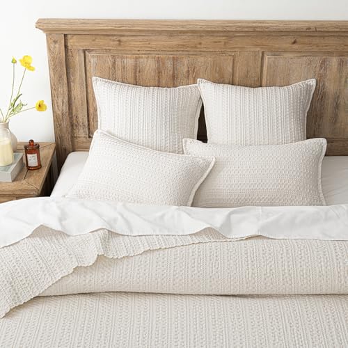 Image of Foindtower Set of 2 Decorative Cotton Waffle Weave Throw Pillow Covers Euro Shams Cushion Covers Accent European Pillowcase for Bed Couch Sofa Bedroom Living Room Home Decor 20x20 Inch Natural Ivory
