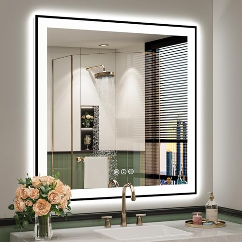 Image of 36x36 Inch LED Bathroom Mirror with Lights (Front Lit and Backlit) Black Framed Lighted Vanity Mirror for Bathroom Wall Dimmable Anti-Fog Memory Tempered Glass Horizontal /Vertical