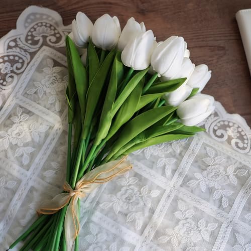 Image of 20 PCS Tulips Artificial Flowers, Real Touch Fake Flowers, White Artificial Tulips That Look Real Wedding Decorations Mother's Day Easter Gifts (20, White)