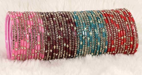 Glass Bangles Combo Set with Zircon Stone for Wedding & Party