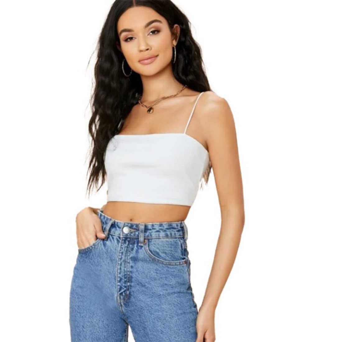 Solid Sleeveless Western Stylish Ribbed Cami Crop Top for Women