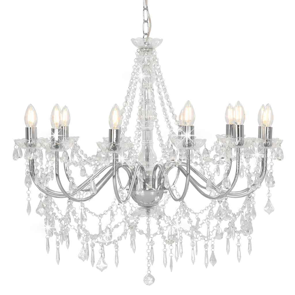 vidaXL Chandelier with Beads Living Room Home Hanging Ceiling Light Pendant Lighting Fixture Lamp Silver 12x E14 Bulbs