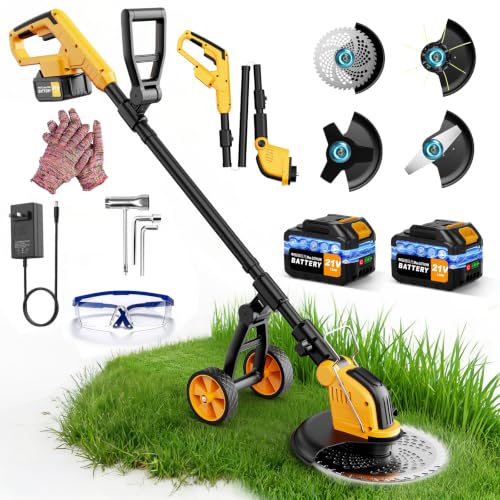 Brushless 4-in-1 Cordless Weed Wacker Edger with Wheel, 20000RPM 12'' Electric Weed Eater Battery Powered Brush Cutter, Grass Trimmer Stringless Weed Trimmer Lawn Mower Metal Blade Battery Charger