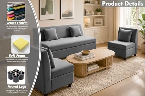 Image of 3+1+1 Modern Velvet Fabric Sofa Set for Living Room | Three Seater Sofa with 2 Single Seater Chairs | for Home, Office| Grey