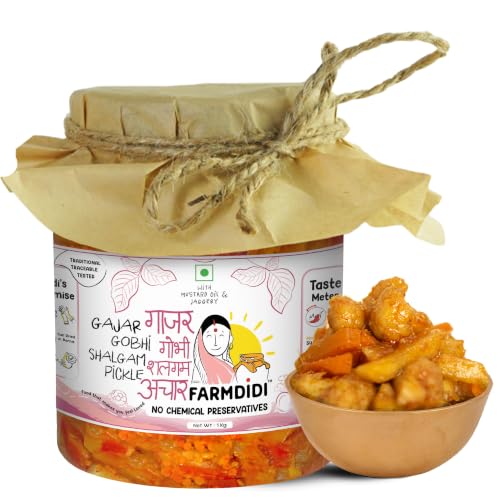 Image of FarmDidi Gobhi Gajar Shalgam Pickle 1Kg in Fresh Traditional Meetha Mixed Achar with Carrot, Cauliflower & Turnip Low-Oil Sweet Pickle Organically Processed No Chemical Preservatives