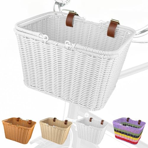 Bike Basket Front, Extra Large Wicker Baskets for Bike, Hand-Woven Bicycle Basket with Iron Framework, Detachable Front Handlebar Bike Basket