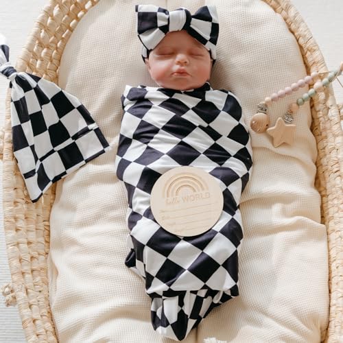 Image of Little Jump Newborn Swaddle Set with Matching Hat and Bow Set, Wooden Birth Announcement Card, Soft Stretchy Swaddle Blankets Announcement Outfit for Baby Girl or boy.(Black Checker)